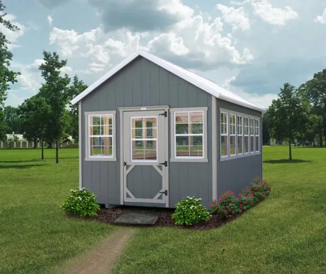 Gray gardening shed with ample windows